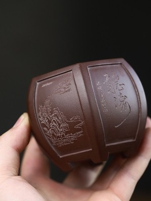 Handmade Yixing Purple Clay Mini Bonsai Pot Signed Carved Succulent Pot 3.1''