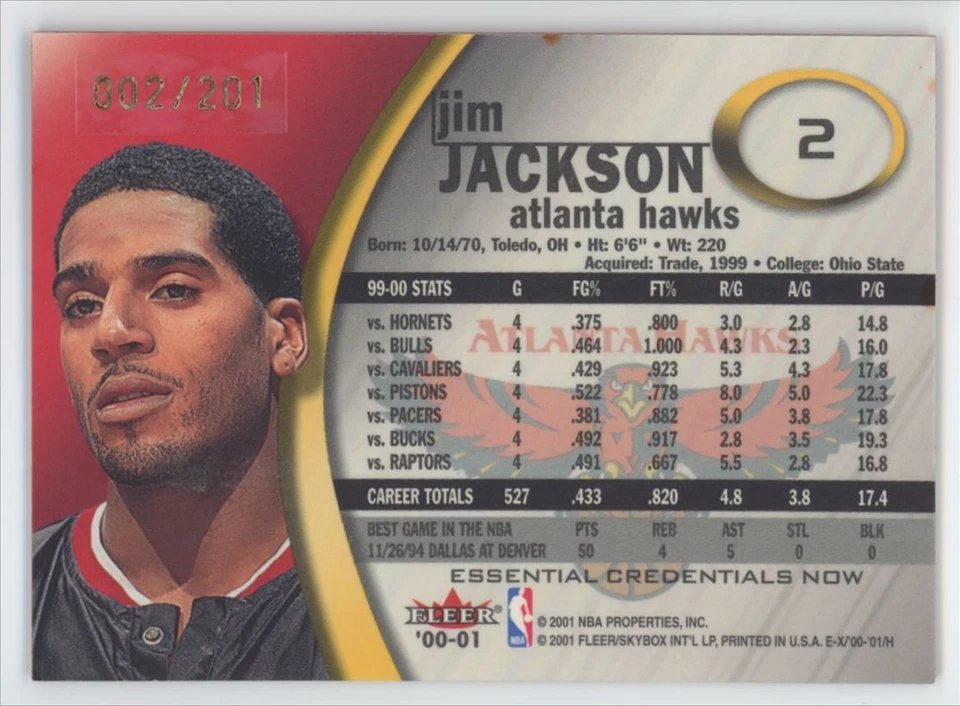 Credenciales esenciales Fleer E-X 2000-01 Jim Jackson 002/201 Atlanta Hawks #2 Foto 2 de 2
