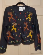 VTG Michael Simon Playful Reindeer Holiday Christmas Cardigan Size M