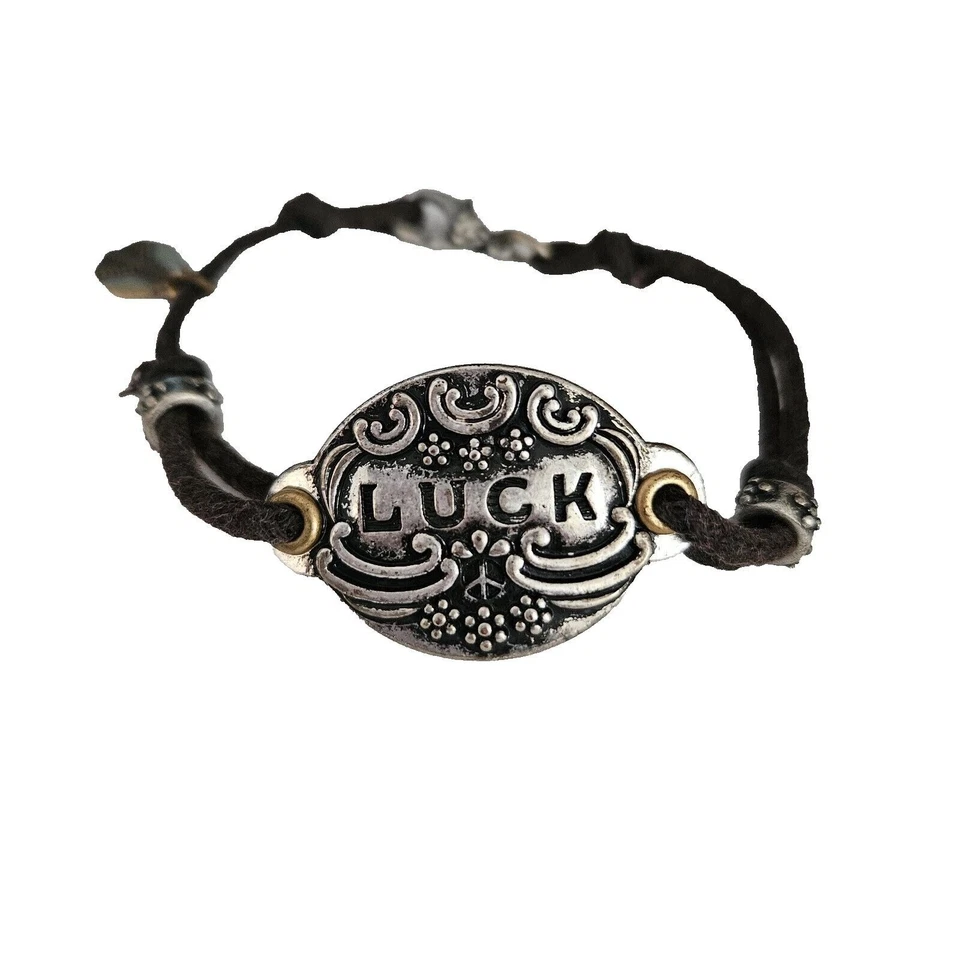 Pulsera Lucky Brand 7" Banda Cuero Marrón Tono Plateado Boho LUCK Charm Foto 2 de 4