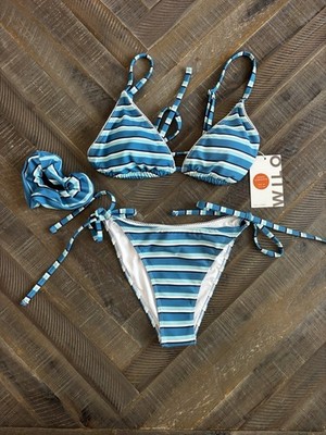 Wilo The Label Blue Stripe Ribbed Bikini Set Adjustable Scrunchie S