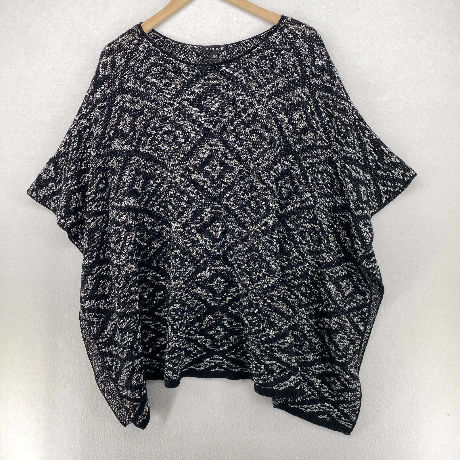 EILEEN FISHER Sweater OS Organic Linen Poncho Textured Weave Southwestern Gray