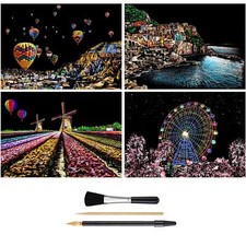 European Rainbow Scratch Art Paper A4 4 Sheets Drawing Pen Brush Night View