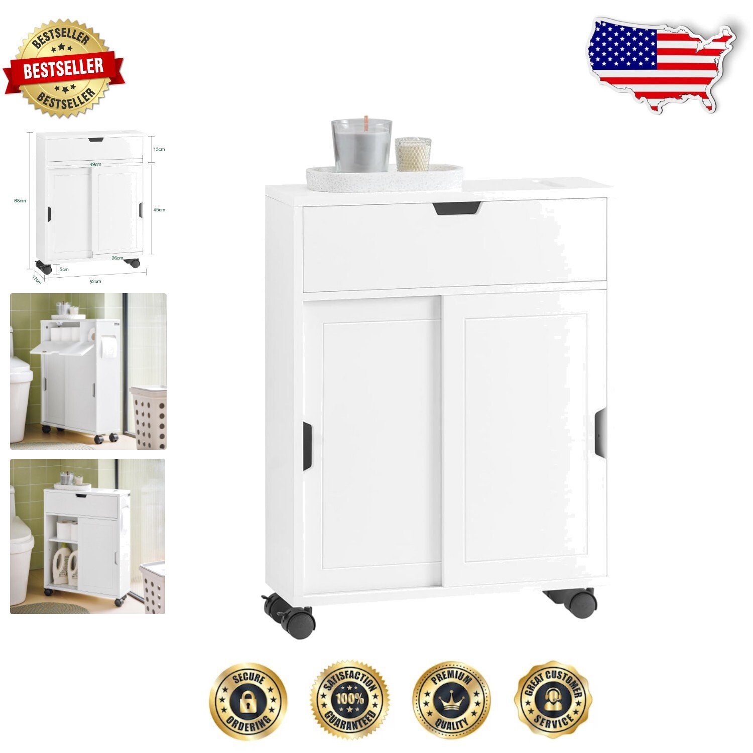 Compact White 6-Compartment Rolling Toilet Paper Storage Cabinet