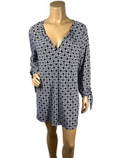 Mudpie Black White Print Tunic Dress Size M Long Tied Sleeves V Neck