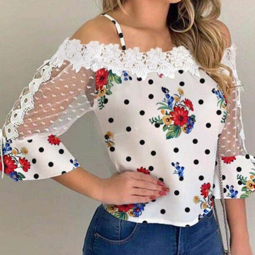 Women's Lace Print Casual Off the Shoulder Fashion Clothing Fine Elegant Blouses