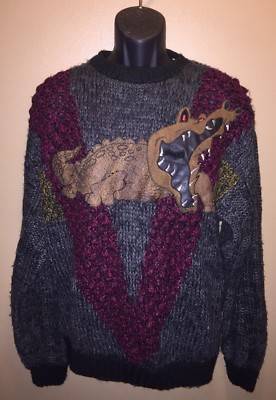 Vintage 80s GABRIELLE Sweater w/ LEATHER ALLIGATOR CROCODILE Korea LARGE Hipster