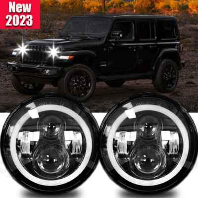 2 Pack 7 Inch Round LED Headlights Halo Angle Eyes For Jeep Wrangler JK LJ TJ CJ