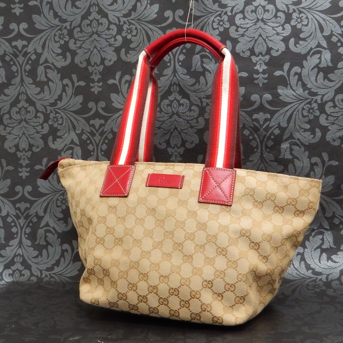 GUCCI GG Canvas Sherry Line Beige Red Handbag Tote Bag #64 Rise-on