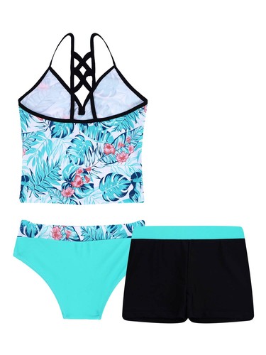 Girls' Summer 3 Piece Swimsuit Swim Tops Bottoms Boyshort Tankini Set Swimwear - Picture 36 of 110