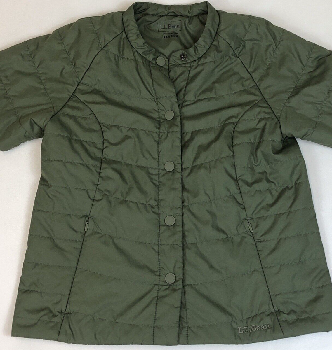 LL Bean Womens Collarless Short Sleeve Puffer Button Front Deep  