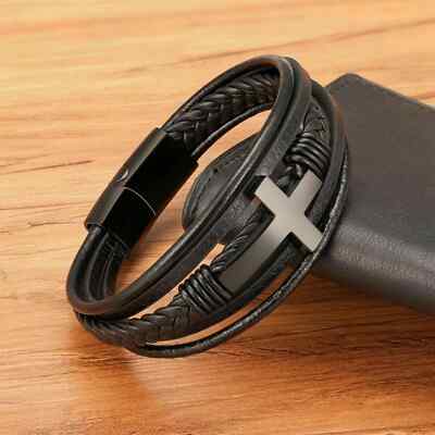 Men's Leather Bracelet with Cross Stainless Steel Religion