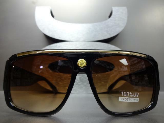 Classic Retro Hip Hop Sunglasses - Thick Black Frame & Gold Honey Lens