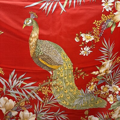 Vintage GUCCI Red Floral Peacock Motif Italy 100% Silk Scarf