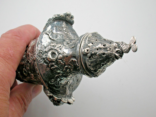 18TH C. PAIR OF LARGE HIGH GRADE SILVER FRENCH REPOUSSE CASTERS - 7" TALL - B/O - Picture 6 of 20
