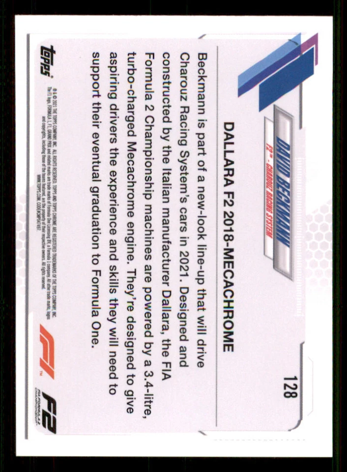 2021 Topps Chrome Formula 1 #128 David Beckmann/F2 Cars - Image 2 of 2