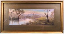 George D Bell Framed Australian Scene Cottage By The River  Oil Painting 1900s