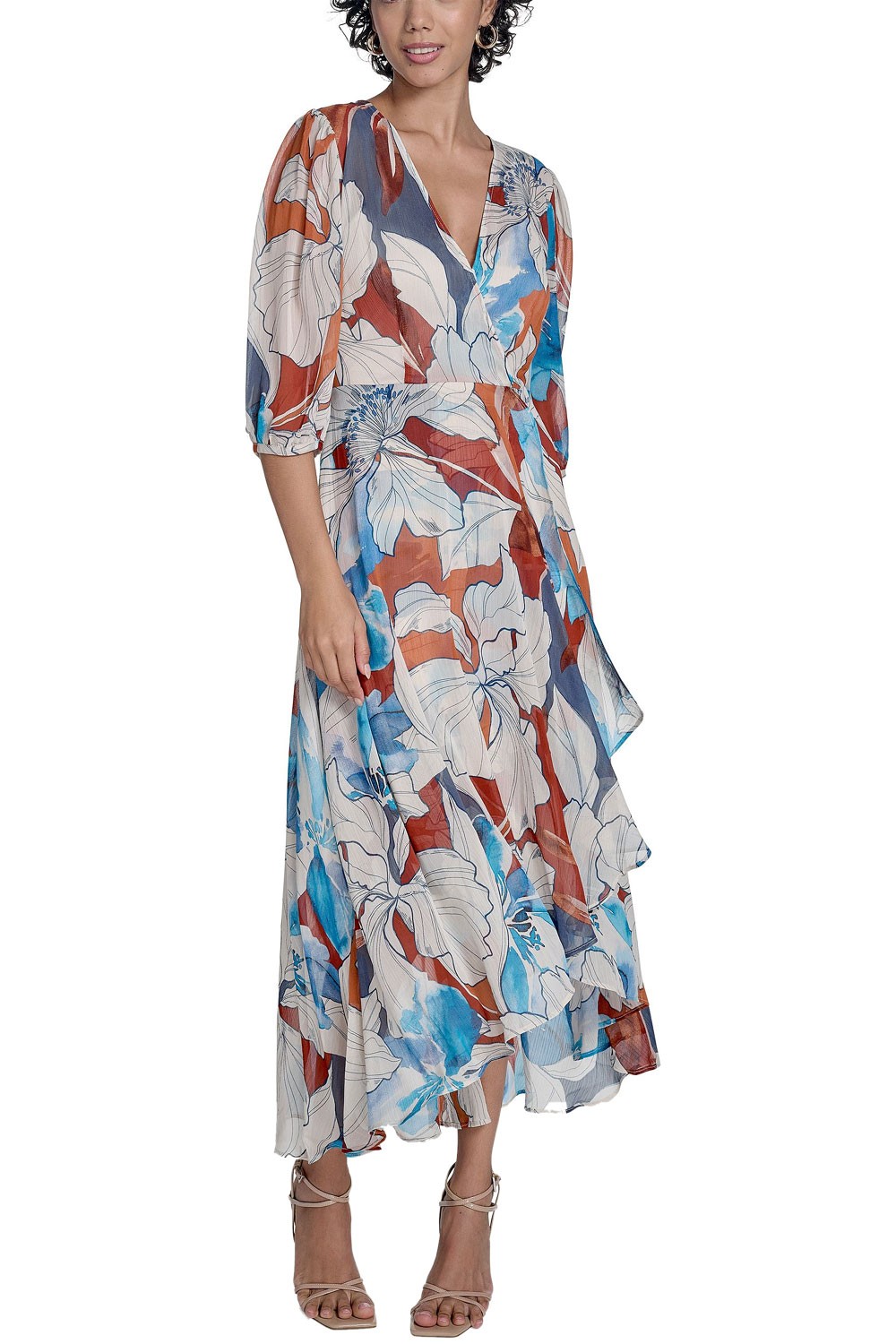 Calvin Klein Womens Floral Faux Wrap Chiffon Maxi Dress 6 Oxford Multi NWT $139