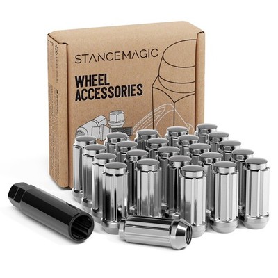 Stancemagic 24Pcs Silver Spline 14X1.5 Lug Nuts 51Mm Length X 22Mm Width Bulge