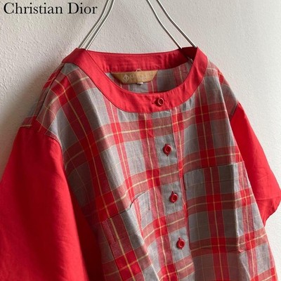 Rare Vintage Christian Dior Checkered No Collar Shirt Blouse M Red