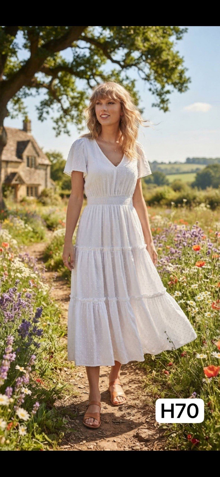 Chelsea28 White Swiss Dot Tiered Midi Dress M Flutter Sleeve Cottagecore Boho