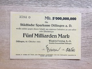 DILLINGEN: Wayß & Freitag 5 Milliarden Mark 26.10.1923 Scheck auf Sparkasse