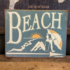 16 x 12.5 Vintage Retro Style BEACH Metal Sign Seaside Blue Swimmer Decor