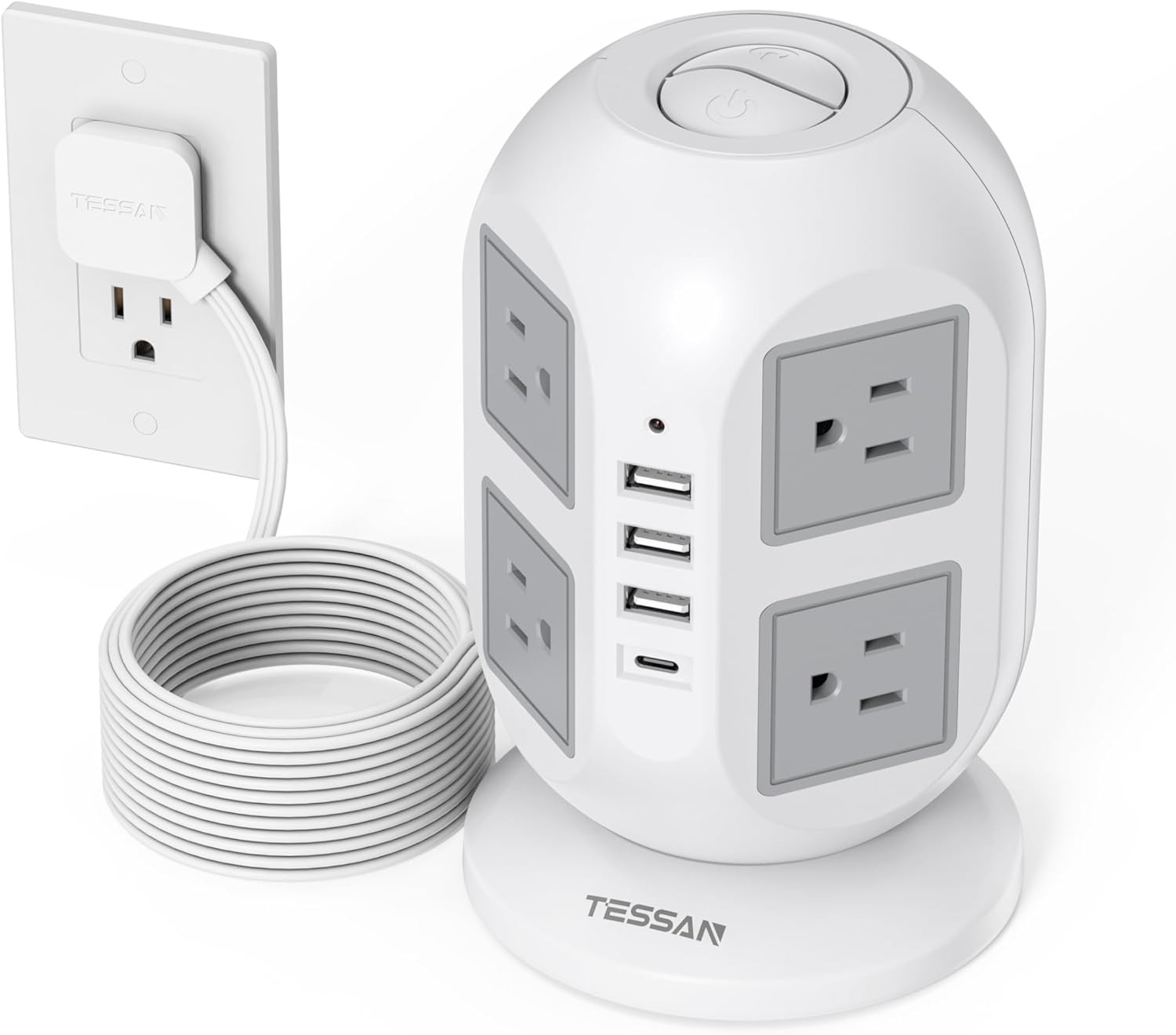 TESSAN Tower Surge Protector Power Strip 10 Ft, Long Flat Extension Cord with Mu