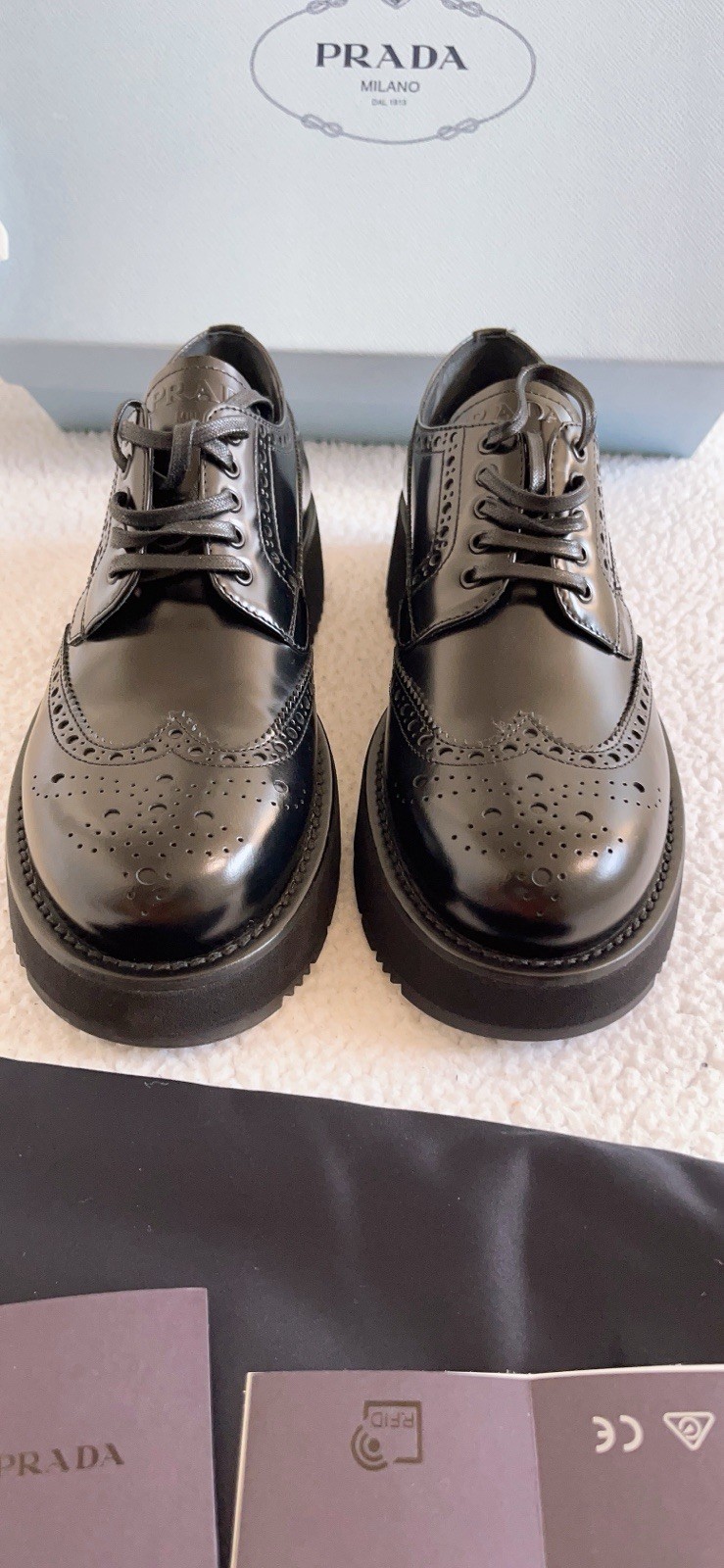 PRADA Women’s Brushed Leather Platform Brogue Derby Shoes in black size 37.5/7.5 image 8
