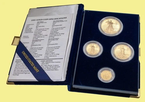 1991 Gold American Eagle Proof Set 4 Coins, COA & Felt Case