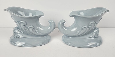 Pair of  Vintage Light Blue Ceramic Cornucopia Candle Holder D420
