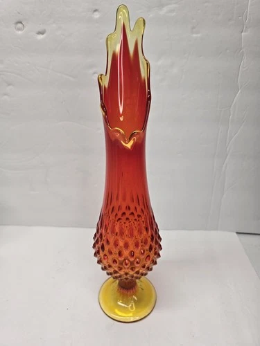 Vintage MCM Fenton Glass Orange Swung Vase Hobnail Pedestal Great Mouth 14.5"