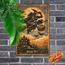 Witch and Cat Metal Sign 8x12 Halloween Spooky Magic Wall Art Decor