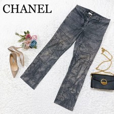 USED CHANEL DENIM PANTS, WRINKLED FINISH, COCO MARK EMBROIDERY, SIZE 36, MADE