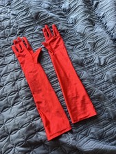 Red Long Fancy Dress Silk-like Gloves. One Size.