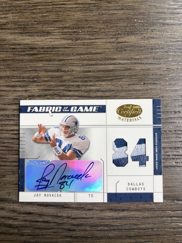 2003 DONRUSS FABRIC OF GAME PATCH AUTO /84 COWBOYS GAME WORN JAY NOVACEK SSP