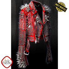 Women's Red Studded Spiked Leather Biker Jacket Punk Gothic Moto Rock XS-6XL