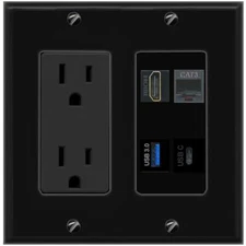 HD PHONE USB-3 USBC Port Wall Plate Black w Power Outlet
