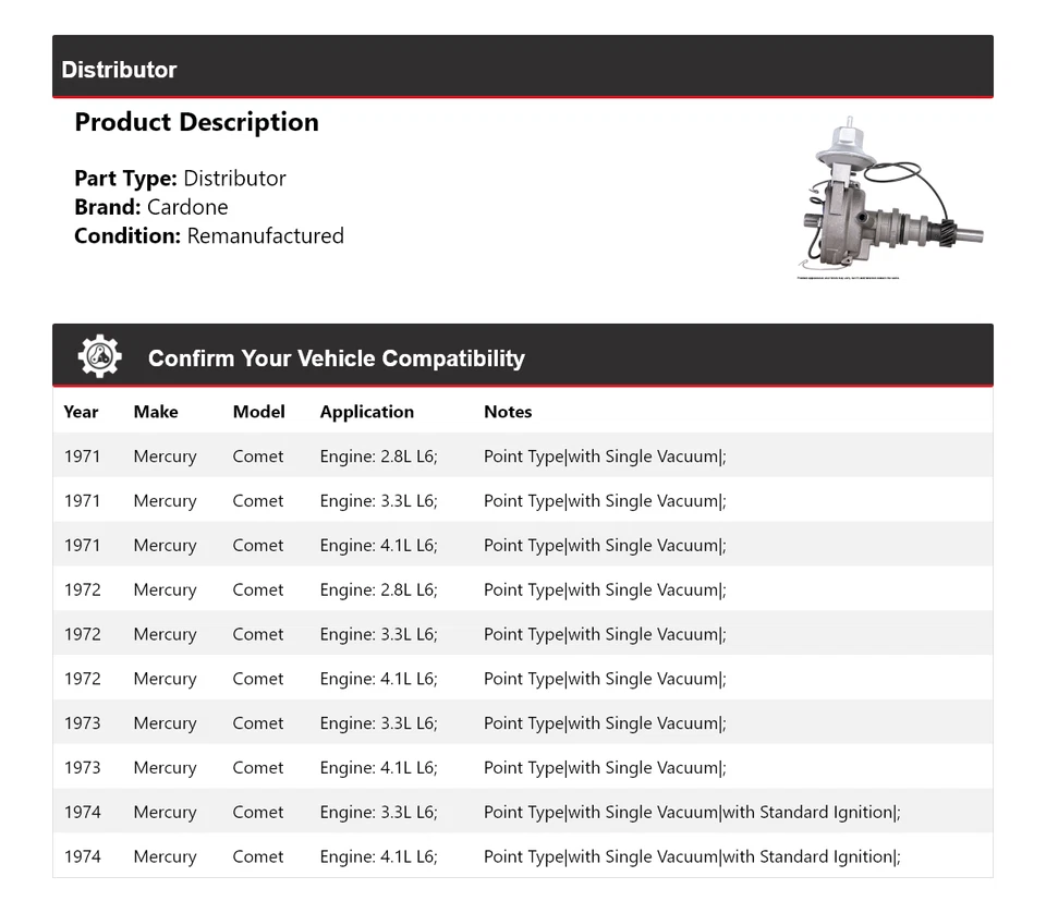 Para 1971-1974 Mercury Comet Distribuidor Cardone 1972 1973 Foto 2 de 4