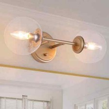 Uolfin Globe Bathroom Vanity 2-Light Brass Gold Wall Light w Seeded Glass Shades