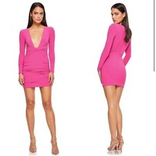 Nookie Envy Mini Dress Long Sleeve Neon Pink Barbie Doll Low Cut Bodycon Sz XS