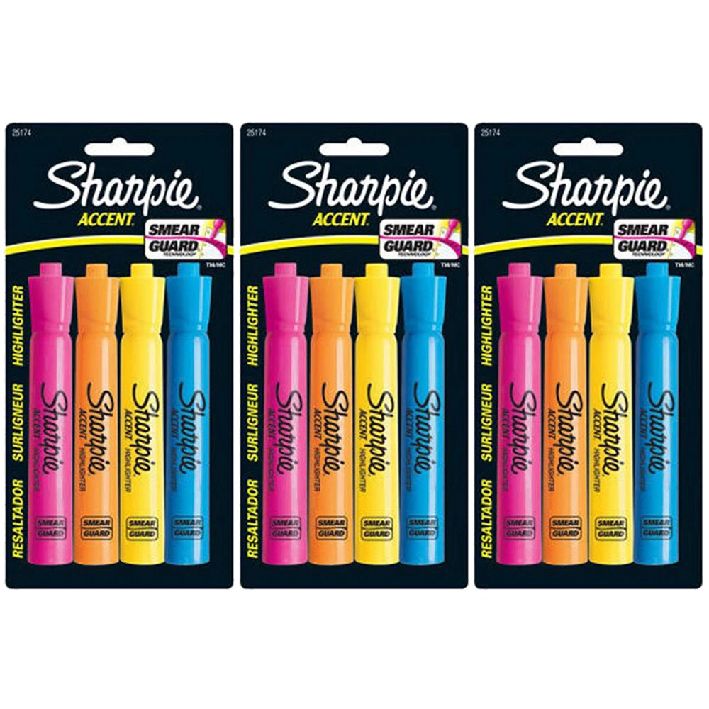 Pack of 3 New Sharpie Accent Tank Style Highlighters 4 Colored Highlighters