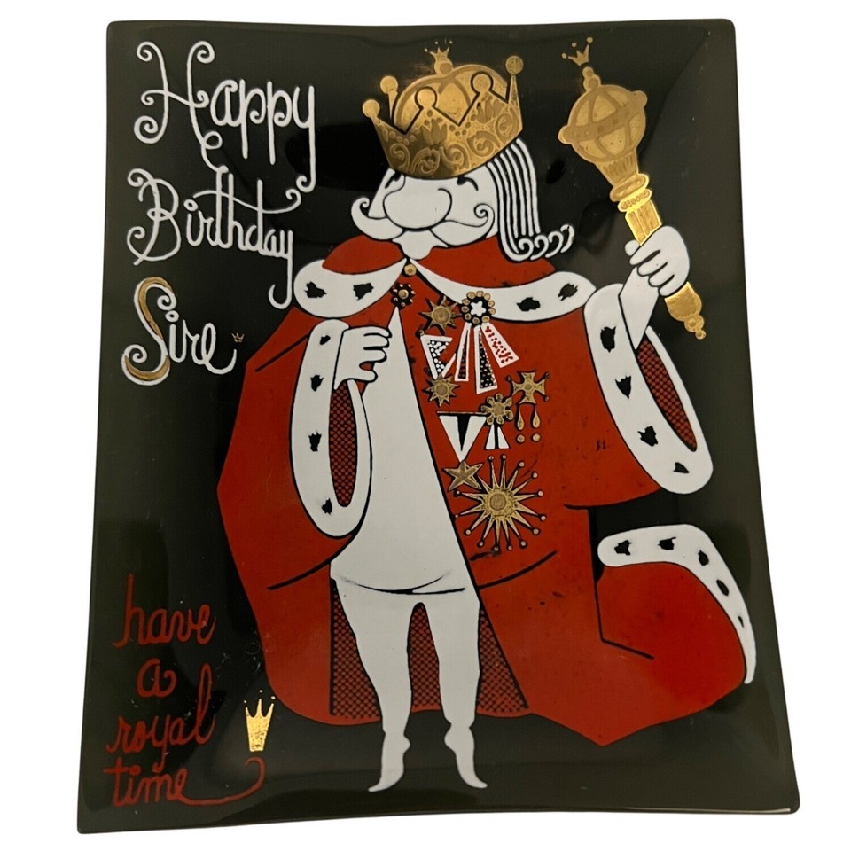 A vintage 'Happy Birthday Sire' king-in-robe ashtray/trinket dish that works brilliantly as a birthday gag gift or quirky catch-all.