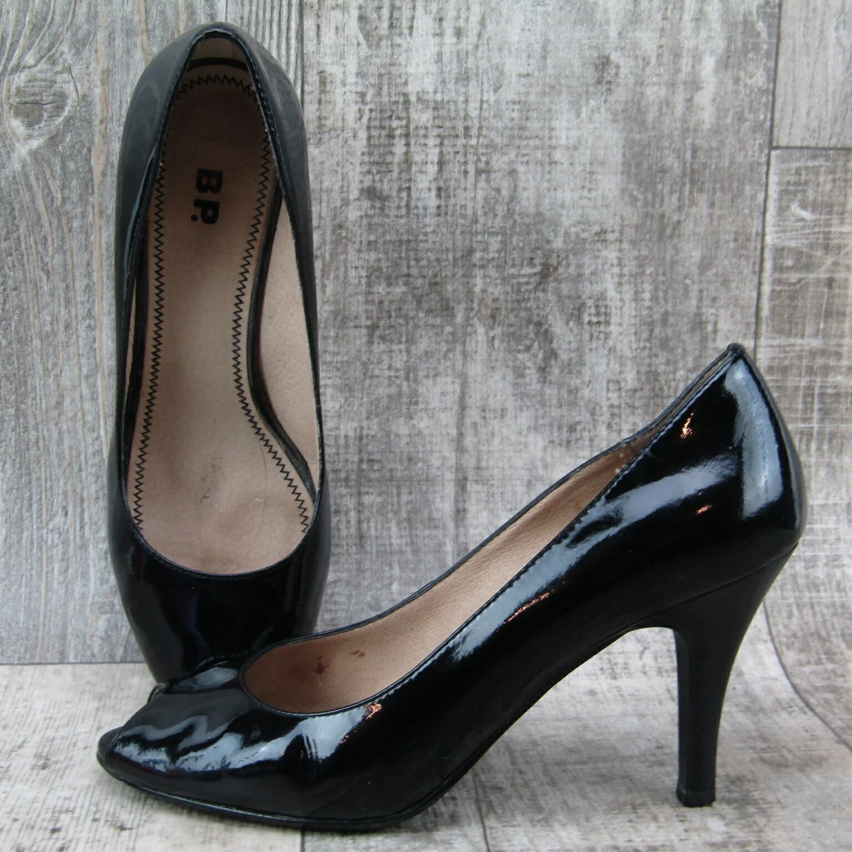 BP Nordstrom Womens Heel Patent Pump Peep Toe Peekaboo Black 6 eBay