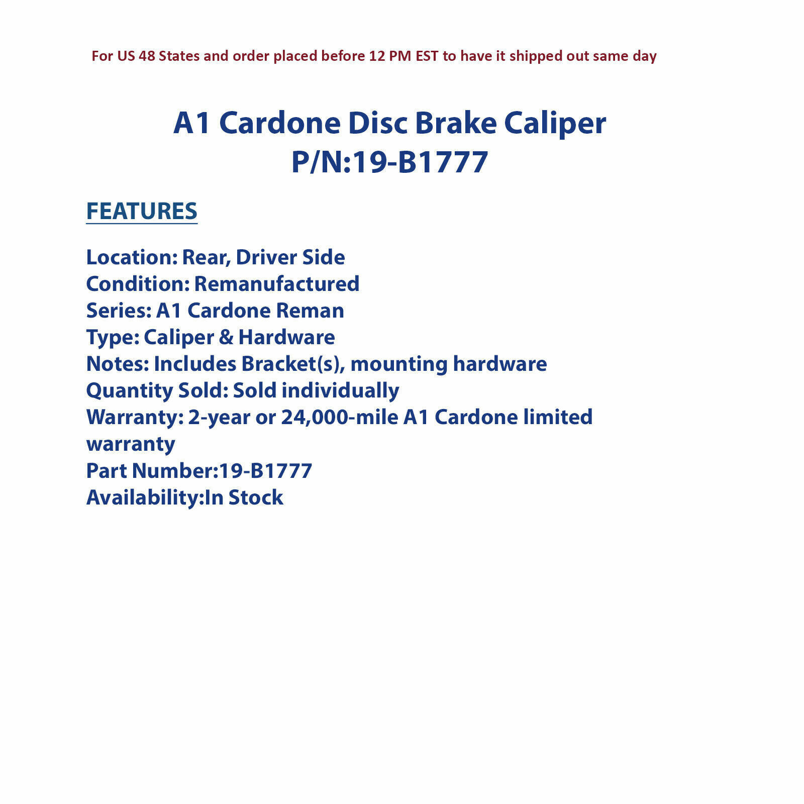 Cardone Reman Disc Brake Caliper 19-B1777 | High-Quality Auto Part, Universal Fi