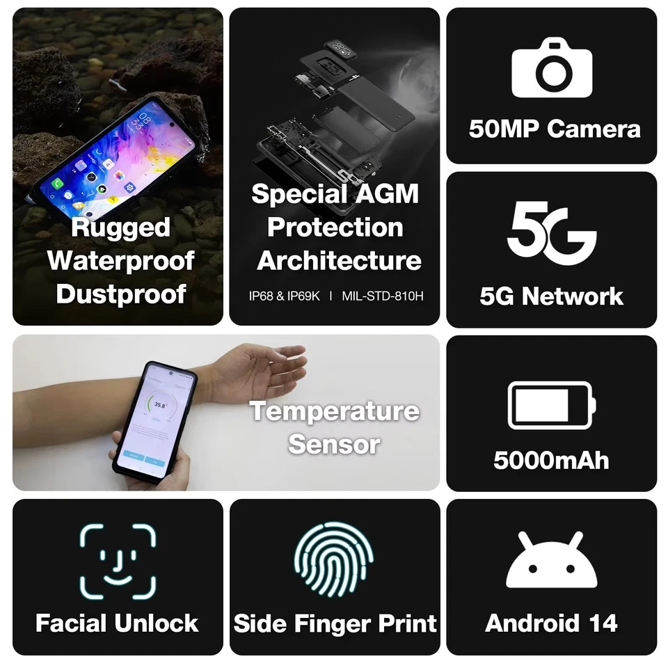 AGM X6 5G Rugged Smartphone 6.78" 5000mAh 8GB+128GB Temp Check 50MP - Image 2 of 4