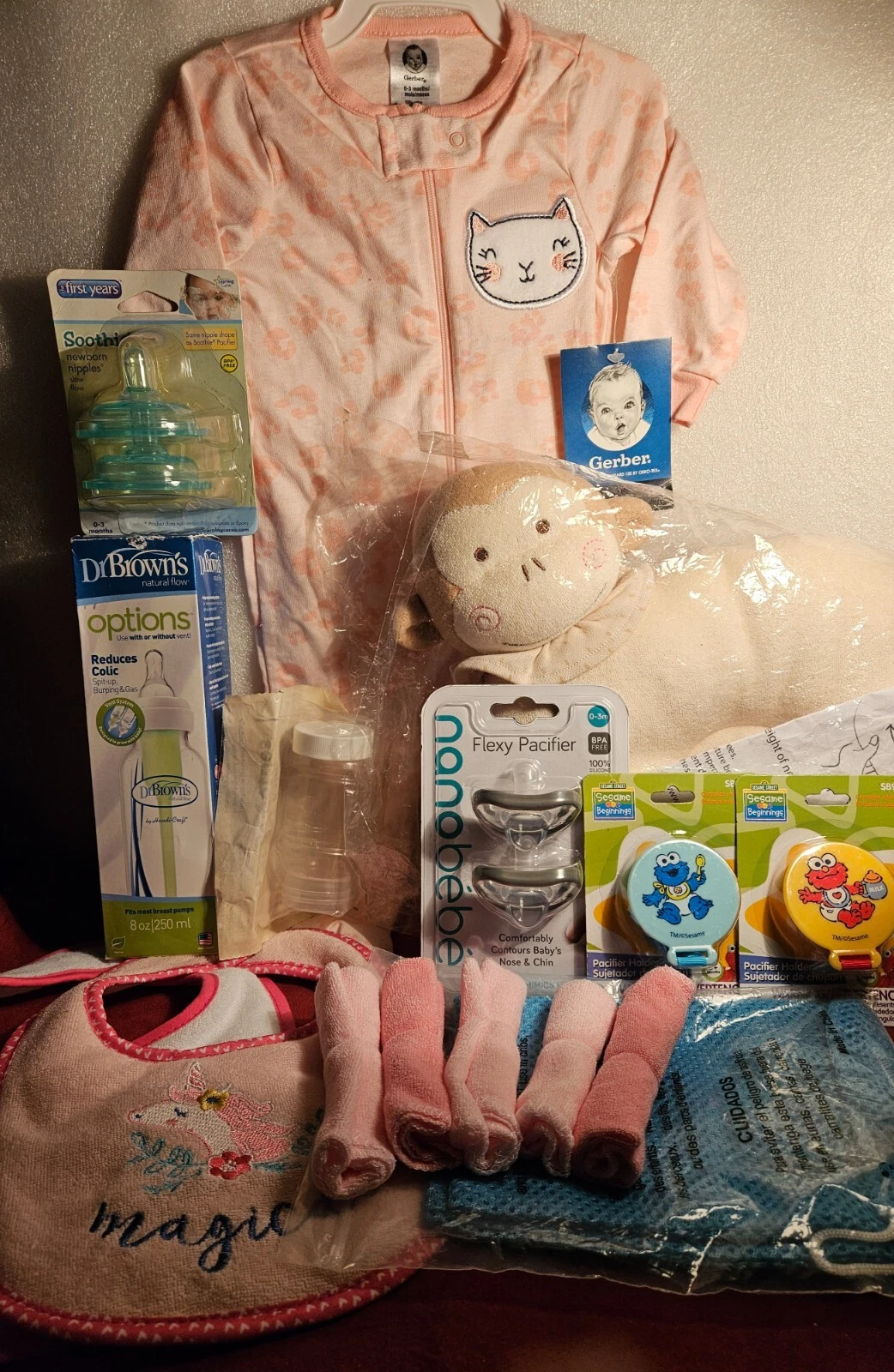 Newborn Baby Lot Bibs Wash Cloth Breast Milk Bottle Pacifiers No Spill Cup