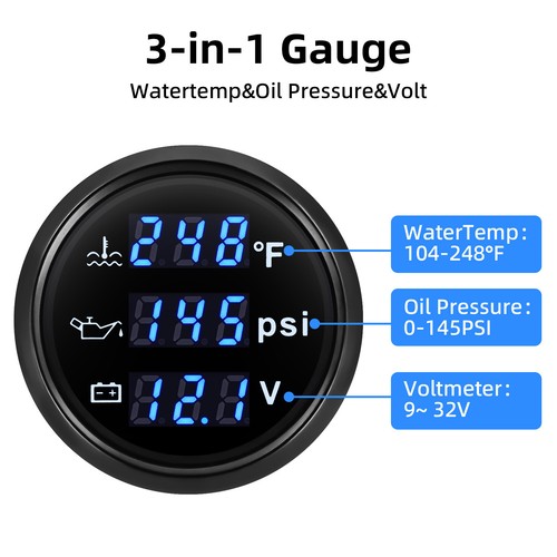 52mm 3 IN 1 Gauge Car Boat Oil Pressure PSI Water Temp ℉ Voltmeter with Senders - Picture 5 of 19