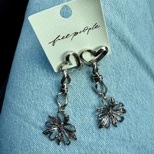 Free People Silver Tone Heart Floral Dangle Earrings NEW