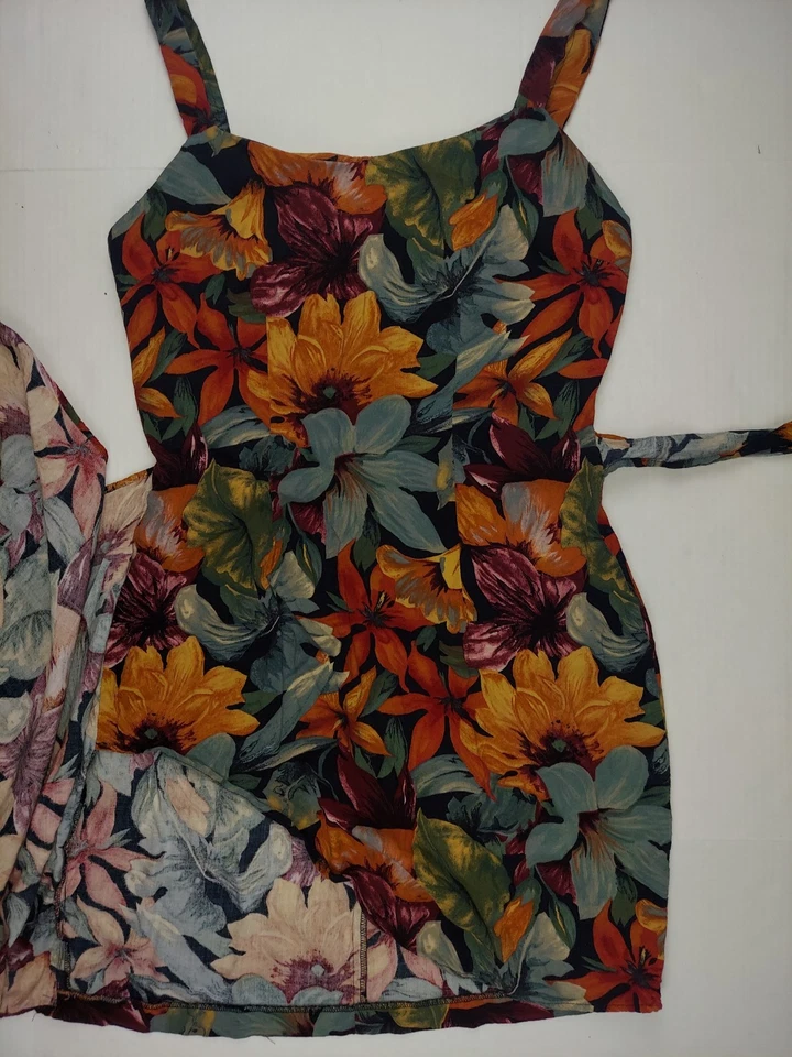 Vestido All That Jazz Años 90 Vintage Floral Rayón Envolvente Mini Naranja Negro Hawaiano Med Foto 3 de 4